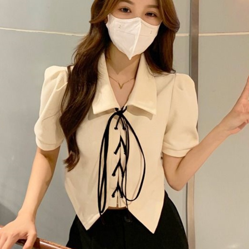 Áo sơ mi croptop RENJIANVSHENG 168522 tay ngắn kiểu dáng ngọt ngào thiết kế lệch tà phối dây thắt sành điệu