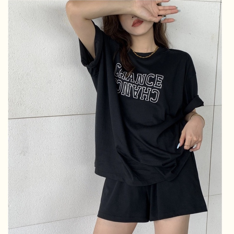 Bộ đùi ngắn tay CHANCE Quần Short Rút Dây Áo Phông Form Rộng Tay Lỡ In Hình Retro Hàn Quốc Ulzzang