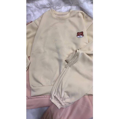 Set nỉ thêu chó shiba dài tay nữ - Bộ đồ ngủ quần ống bo gấu kèm áo sweater màu trắng, nâu mặc ở nhà đẹp HOT TREND