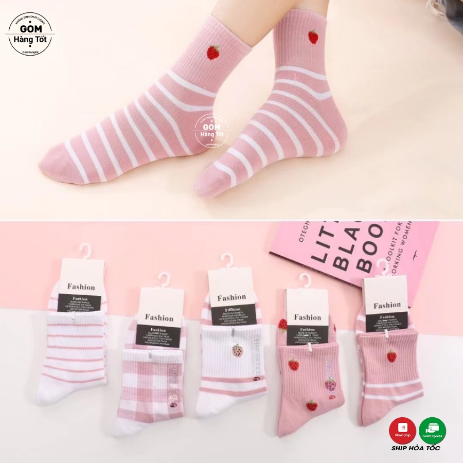 [SET 5 ĐÔI] Vớ Nữ Cổ Cao họa tiết TRÁI DÂU, Tất Nữ Cotton mềm mịn thoáng mát - LISU-NUCAO-TRAIDAU-CB5
