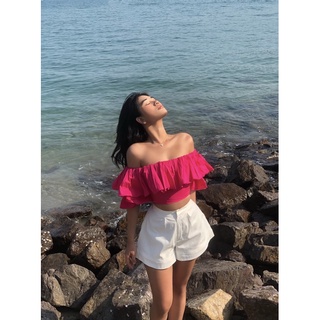 Áo croptop trễ vai Midi Shop, croptop tay ngắn bánh bèo có thun ngực hai tầng