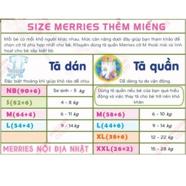 Bỉm Tã dán tã quần Merries nhật size M58,L44,XL38 siêu khô thoáng thấm hút tốt cho bé