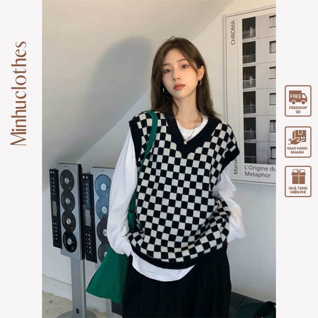 Áo gile nữ len ulzzang cổ chữ V họa tiết kẻ ô đen trắng - AL06