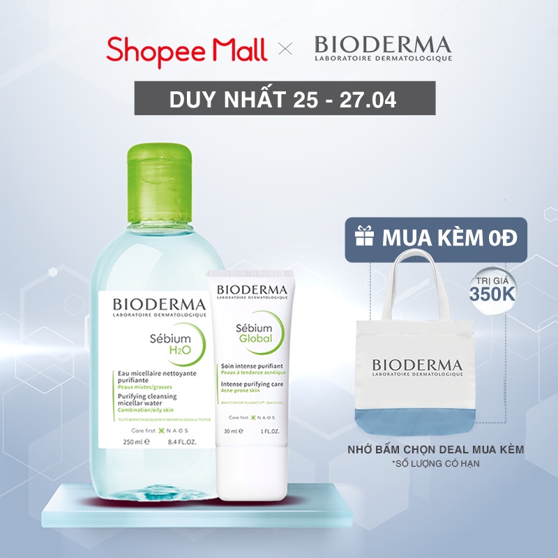 Bộ đôi làm sạch &amp; dưỡng da giảm mụn Bioderma Sebium H2O 250ml và Sebium Global 30ml