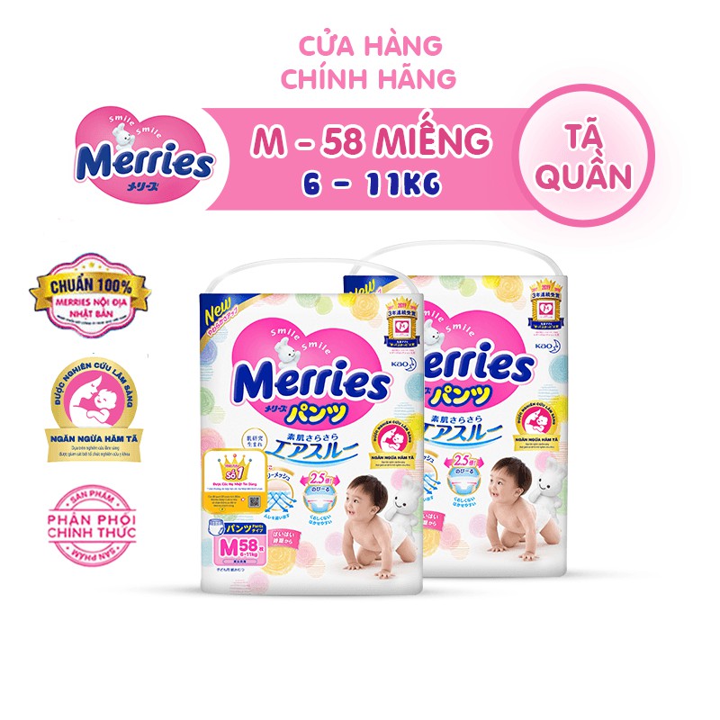 Combo 2 Tã/bỉm quần Merries size M - 58 miếng (Cho bé 6 - 11kg)