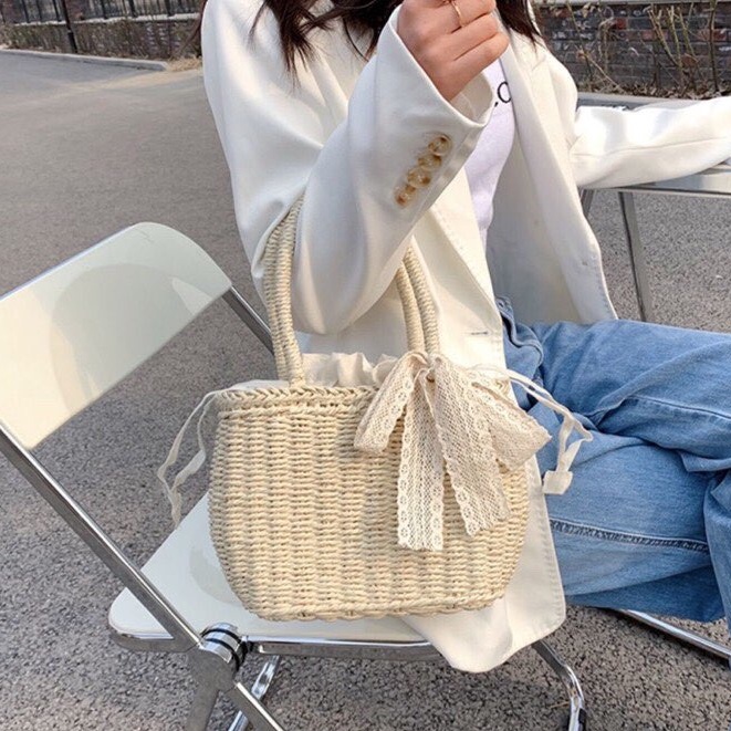 Túi cói cầm tay đi biển đáy bầu - phong cách vintage