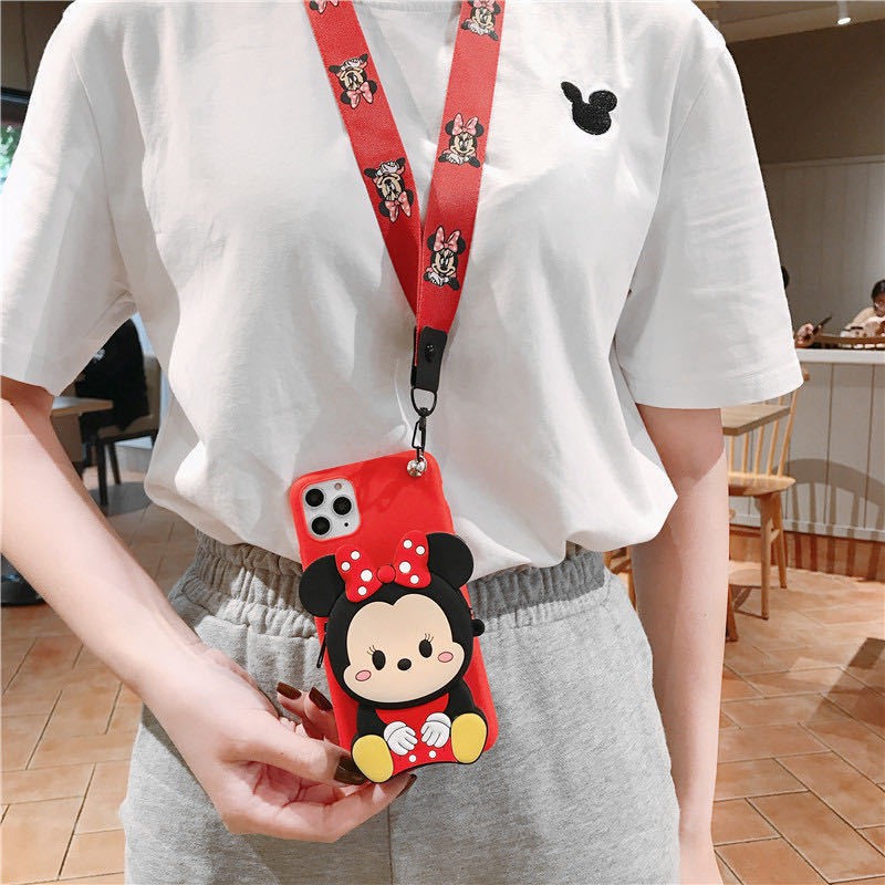 Ốp điện thoại in hình chuột Mickey Minnie có ví và dây đeo cho iPhone 13 12 11 Pro Max X XS Max XR 6 6S 7 8 Plus