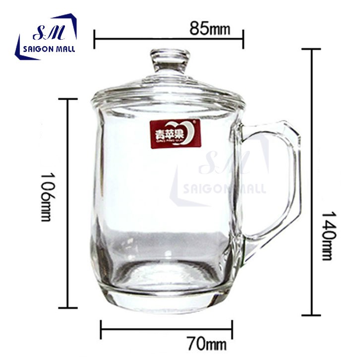 Ly thủy tinh quai cầm có nắp thủy tinh cao cấp 380ML - Ly tách thủy tinh dày chịu nhiệt EZ1029