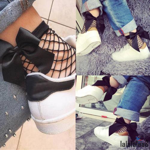 Ll8-nữ Ruffle Nơ Fishnet Đến Mắt Cá Chân Tất Cao Lưới Ren Cá Tất Ngắn