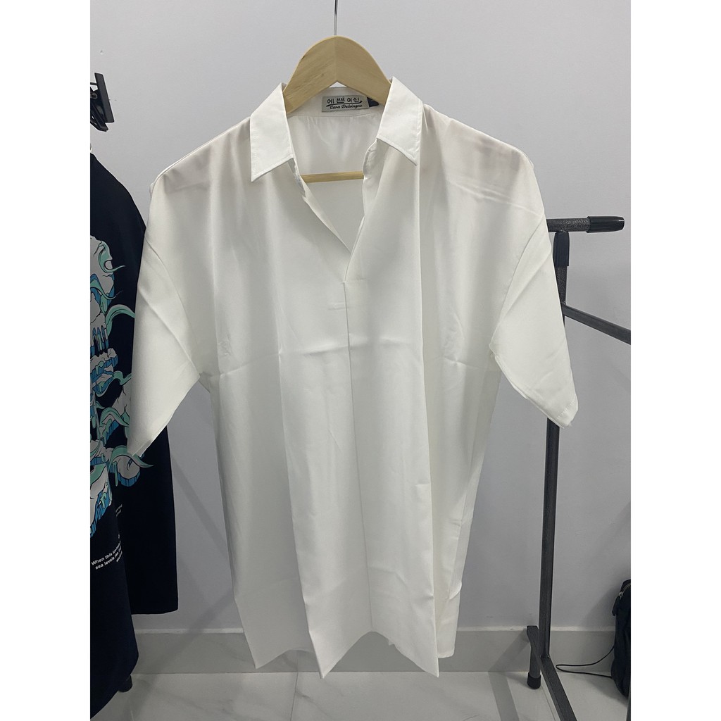 Áo sơ mi unisex Cổ CHUI kiểu chồng đầu Basic tay ngắn form rộng Style Hàn Quốc Unisex