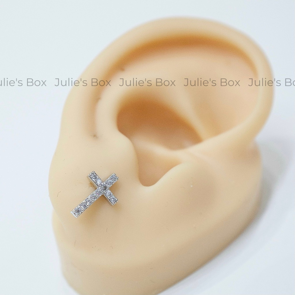 [1 Chiếc] Khuyên Tai Titan Thánh Giá Thẳng Đính Đá Unisex Màu Bạc Đuôi Bi Không Gỉ Sét Không Ngứa Bông Tai Julies Box 66