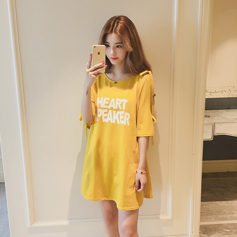 WANG JIAO ZHAN Đầm WANGJIAOZHAN khoét vai in họa tiết phong cách Hàn Quốc thời trang mùa hè