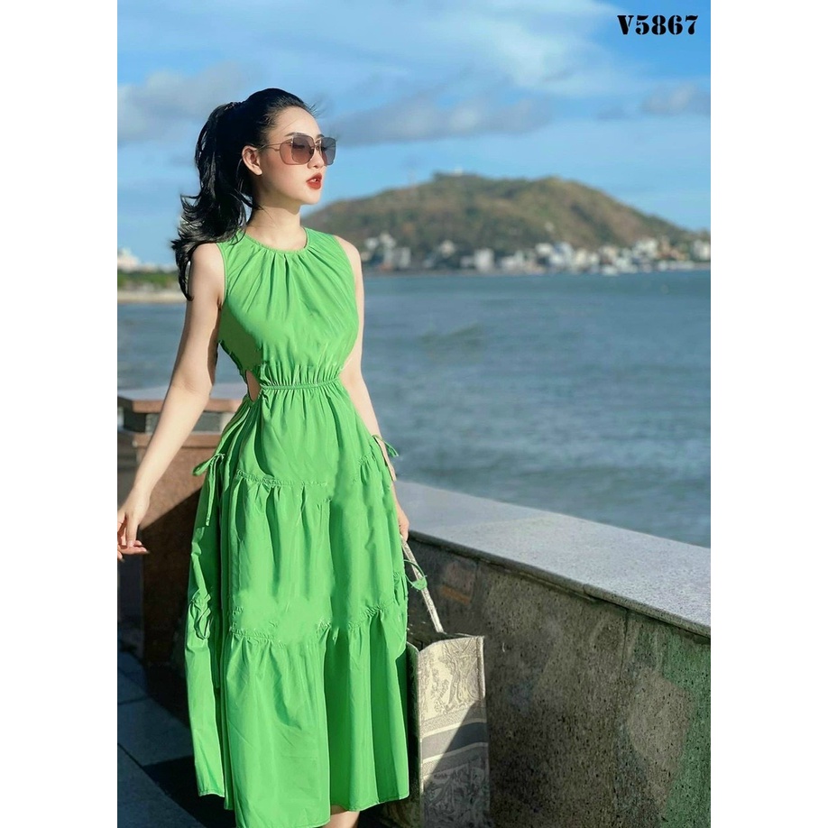 Đầm Xòe Lụa Nhún Bèo Tầng Hở Eo