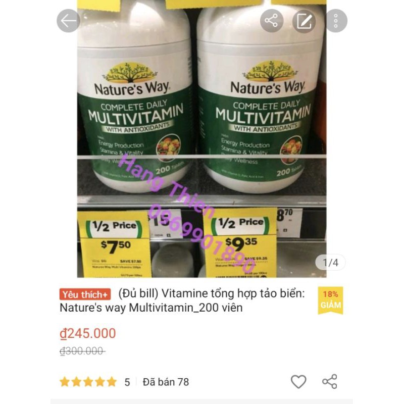 (Đủ bill) Vitamin tổng hợp Nature’s Way Vitamin 200 viên