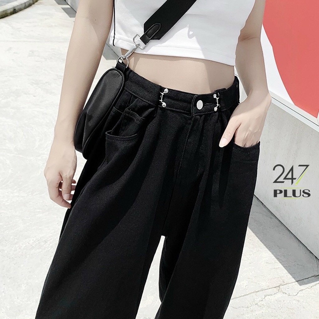 Quần Culottes Jean cạp cao năng động thụng móc cài dài 100cm