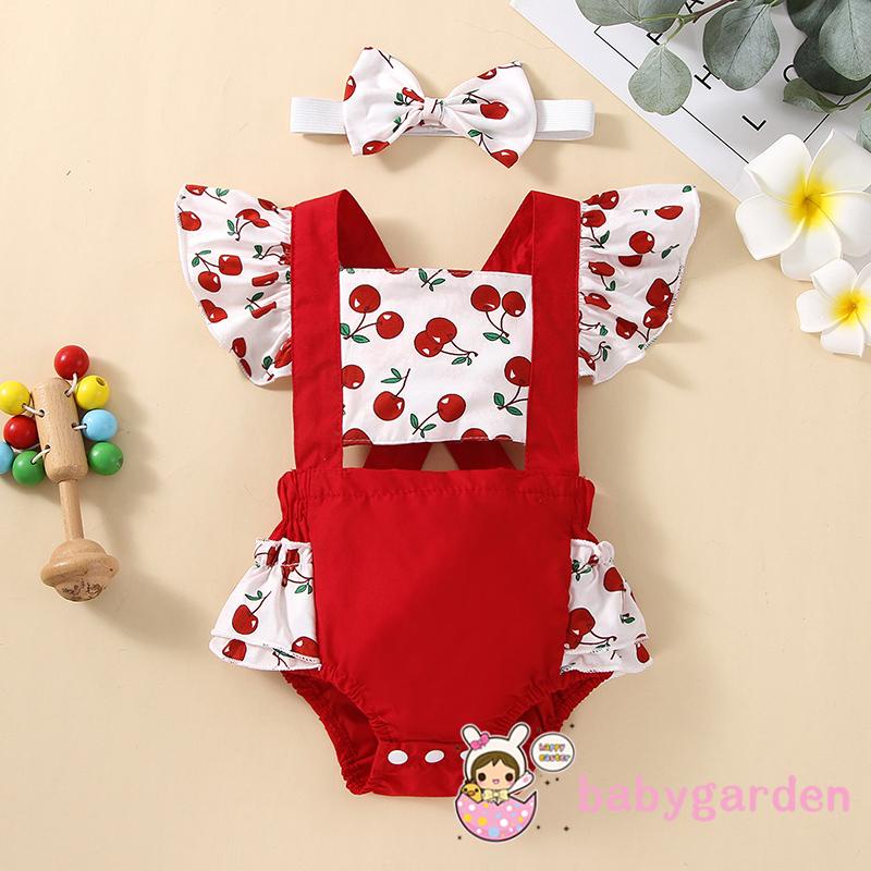 BABYGARDEN-0-12months Baby Girls Romper with Headband,Backless Flying Sleeve Animal Flower Printed Back Cross Straps