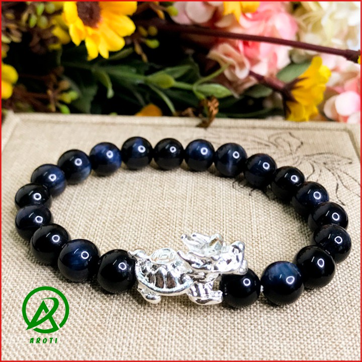 Vòng Tay Phòng Thủy Mệnh Thủy - Vòng Tay Nam Nữ Đá Mắt Hổ Xanh Than Mix Long Quy Bạc 8mm V386-8