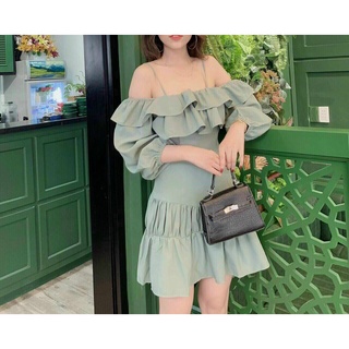 Đầm trễ vai xòe hai bèo nhún vai nhún tầng đi chơi dạo phố