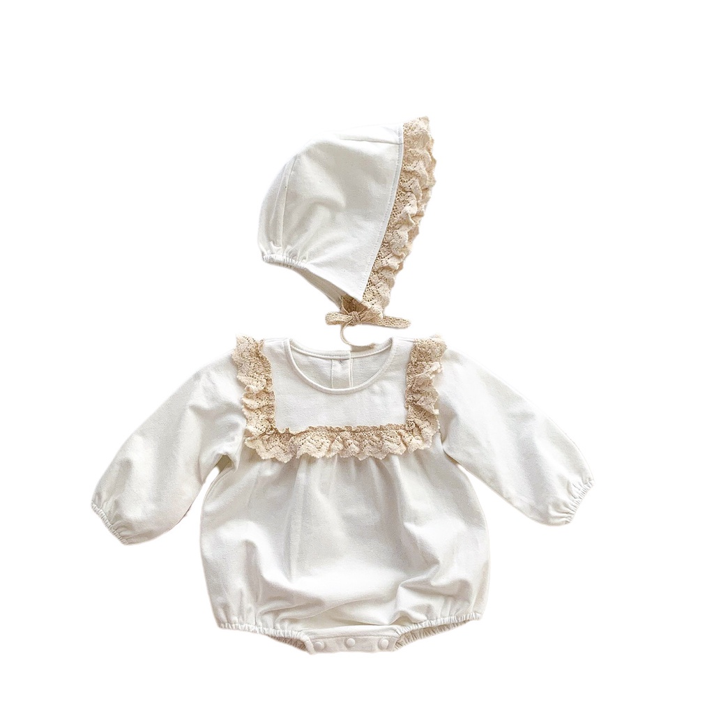Bộ áo liền quần tay dài phối ren + mũ viền ren chất liệu cotton dễ thương cho bé gái sơ sinh 0-2 tuổi