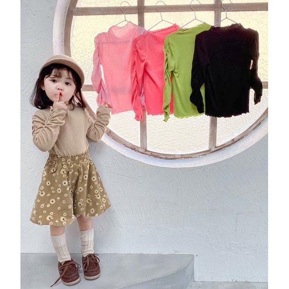 Girl Shirt  Autumn Cotton Long Sleeve Blouse Ear-edge Sleeve Closed Tendon Candy Color Undercoat Top