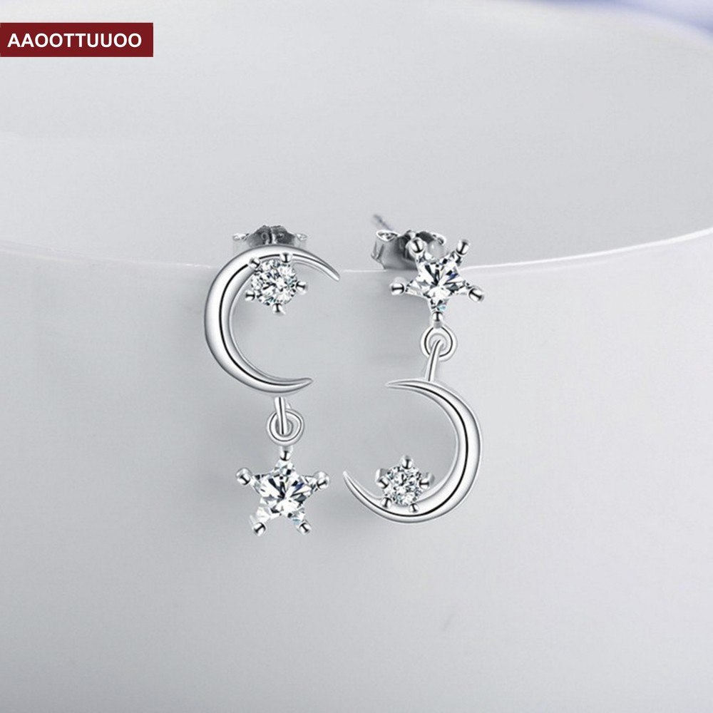 Bông tai dáng dài mặt hình trăng sao đính đá trẻ trung cho nữ