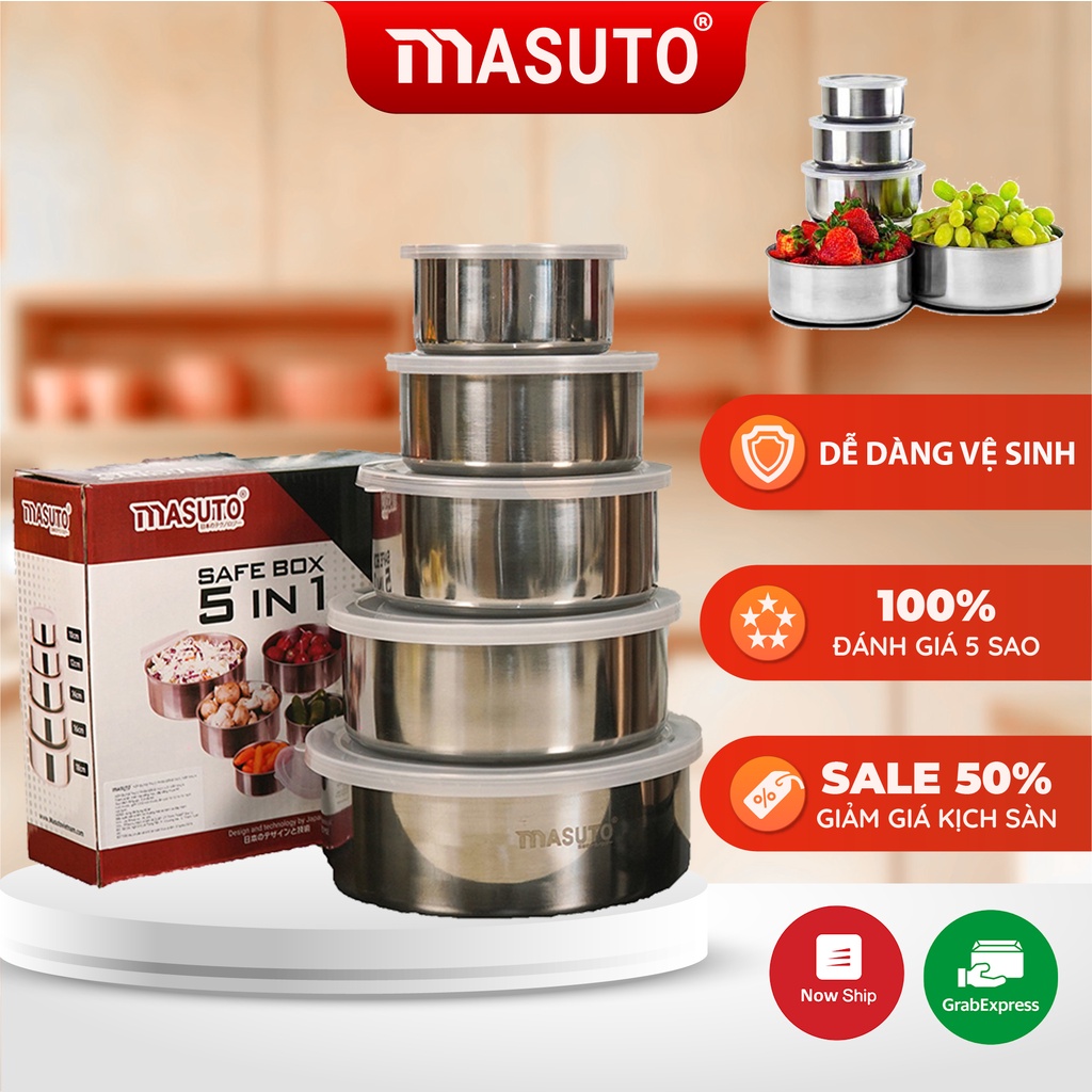 Bộ 5 Hộp Đựng Thực Phẩm Inox Masuto Công Nghệ Nhật Bản