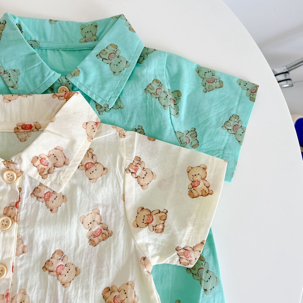 Áo Liền Quần Ngắn Tay Có Túi In Hình Gấu Dễ Thương Cho Bé Trai