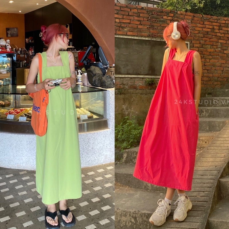 Váy/đầm 2 dây bản to chất vải thô hàn 24KSTUDIO