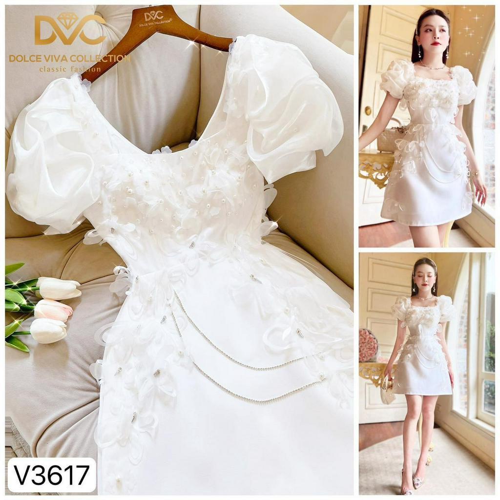 VÁY TRẮNG CỔ VUÔNG ĐÍNH HOA NỔI V3617 - DVC
