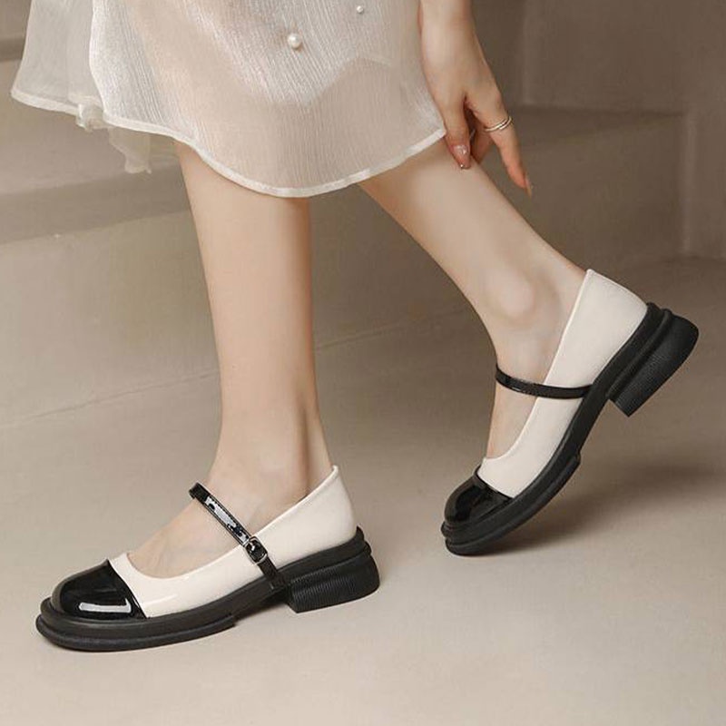 Giày da RENBEN đế dày mũi tròn màu đen be phong cách retro cổ điển