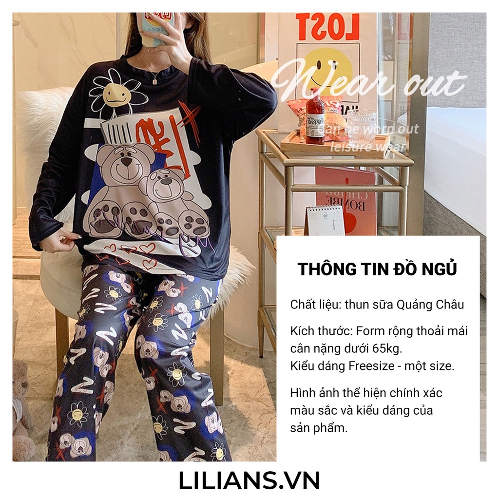 Bộ đồ mặc nhà dài tay Bộ ngủ mặc nhà pijama Freesize form rộng dưới 65kg dành cho nữ