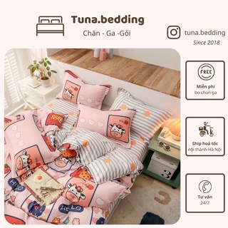 Bộ vỏ chăn ga gối poly bò sữa hồng happy