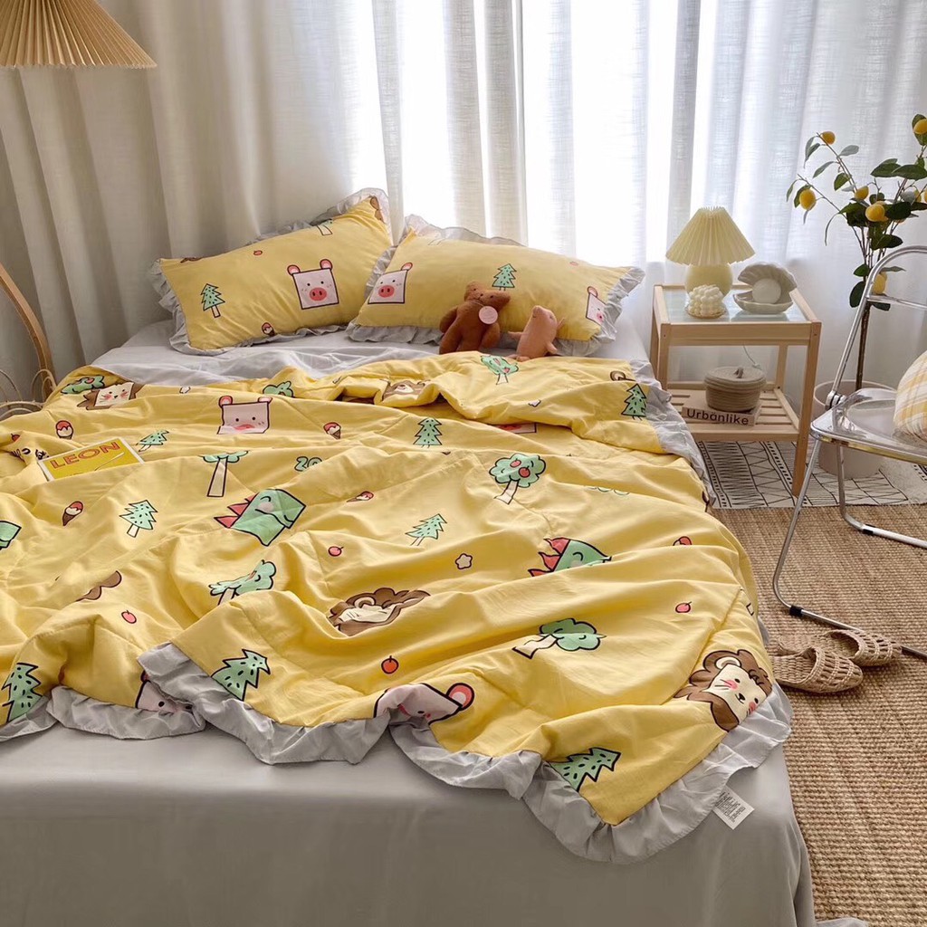 Bộ chăn đũi hè vỏ ga và 2 vỏ gối M2T bedding chăn lót bông thiết kế phối bèo họa tiết sư tử nhỏ