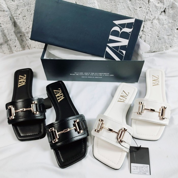 ZARA Giày Sandal Đế Bằng Màu Đen Nhập Khẩu Cao Cấp Thời Trang Cho Nữ