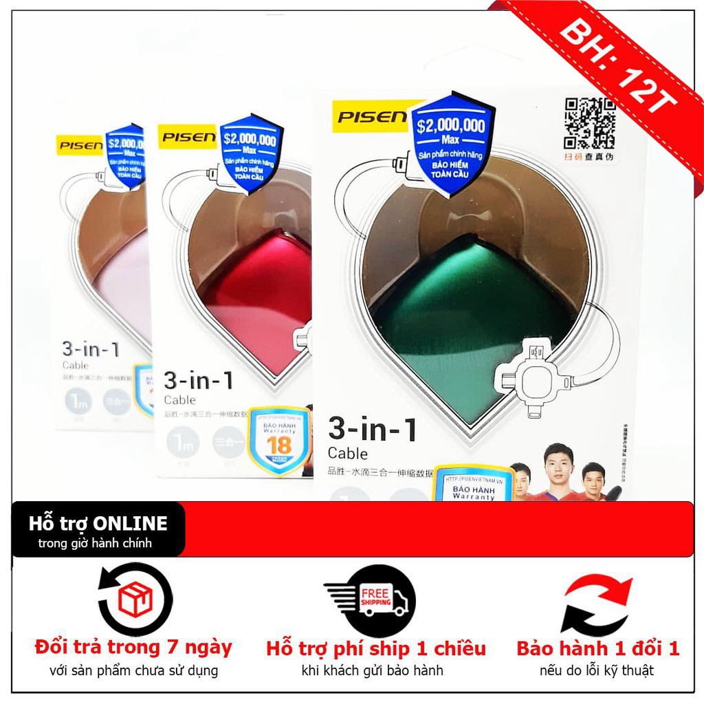 { Free ship } Cáp PISEN 3-in-1 Lovelly Water (Lightning, Type-C, Micro, LS-AP08-1000 ) 1m