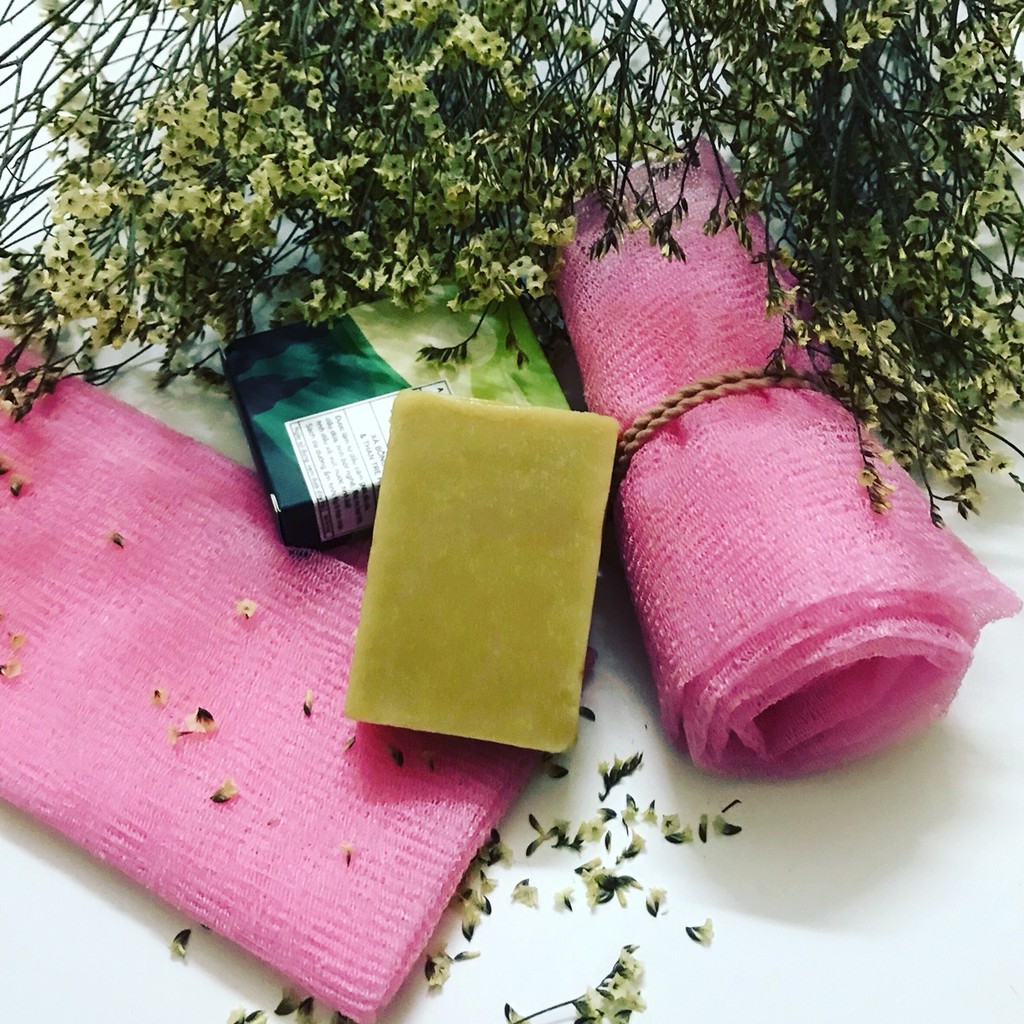 🔥🔥🔥 Combo trị thâm cho da mụn: Xà bông Dalaksa Nghệ mật ong và Miếng tắm chà lưng