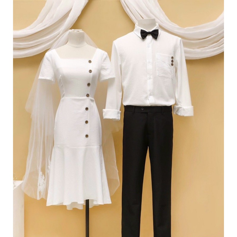 Set áo đôi đầm cặp màu trắng dành cho du lịch dã ngoại chụp hình cưới áo sơ mi đầm đuôi cá dài