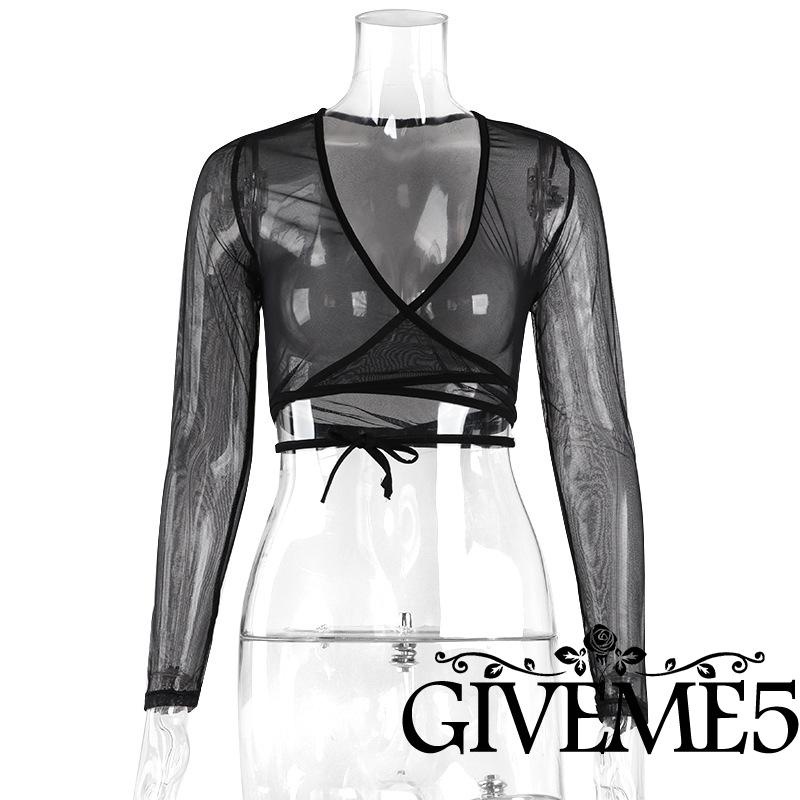 Áo crop top tay dài cổ chữ V xuyên thấu màu đen quyến rũ cho nữ