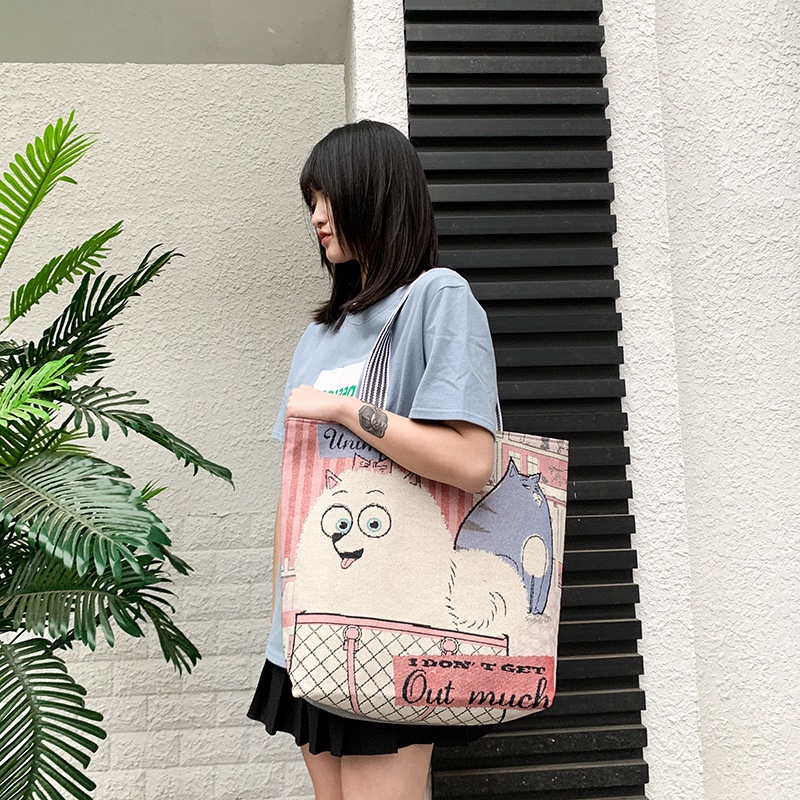 Túi Tote Vải Canvas To Nữ Xách Tay Có Khóa Kéo Họa Tiết Hoạt Hình Công Sở Đi Học Làm Chơi Đựng Máy Tính