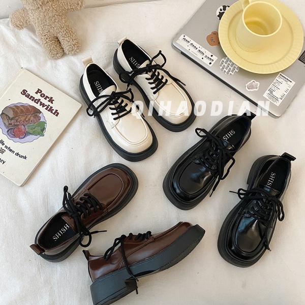 Giày oxford búp bê lolita mũi vuông đế thấp vintage đi học Tăng Chiều Cao Buộc Dây Phong Cách Anh Quốc trắng đen nâu