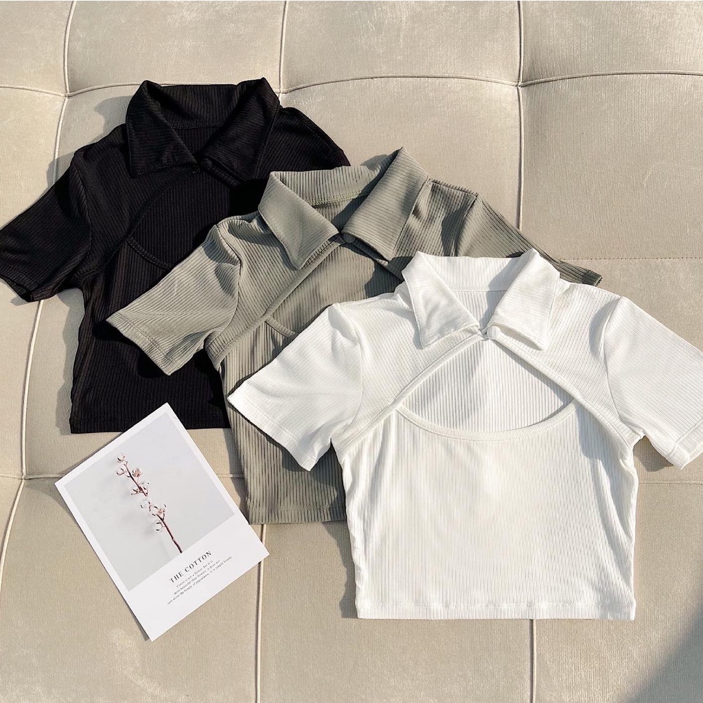 Áo croptop nữ ngắn tay khoét ngực TOPTIFY cổ bẻ đính nút Perterpan Top AC181