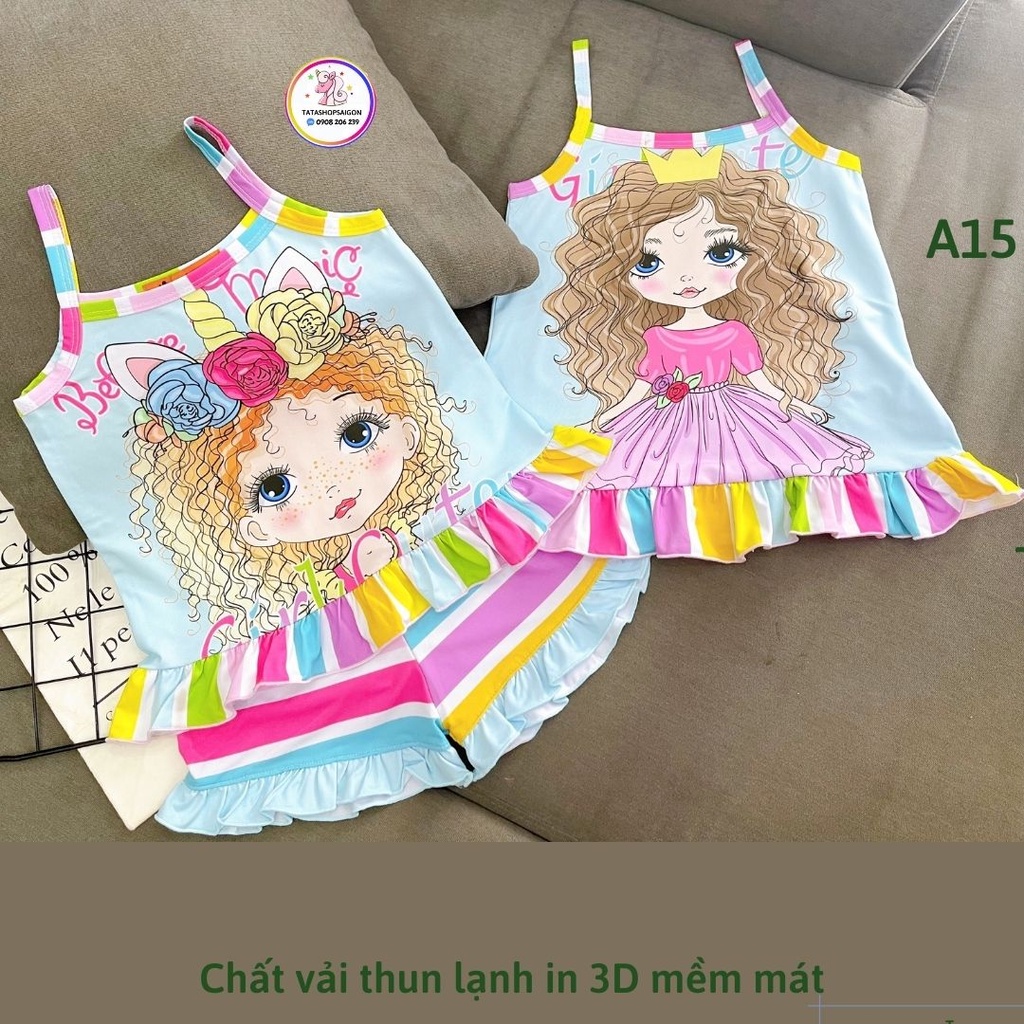 Đồ bộ hai 2 dây bé gái thun lạnh 3D hoạt hình size đại 20 đến 42kg A15