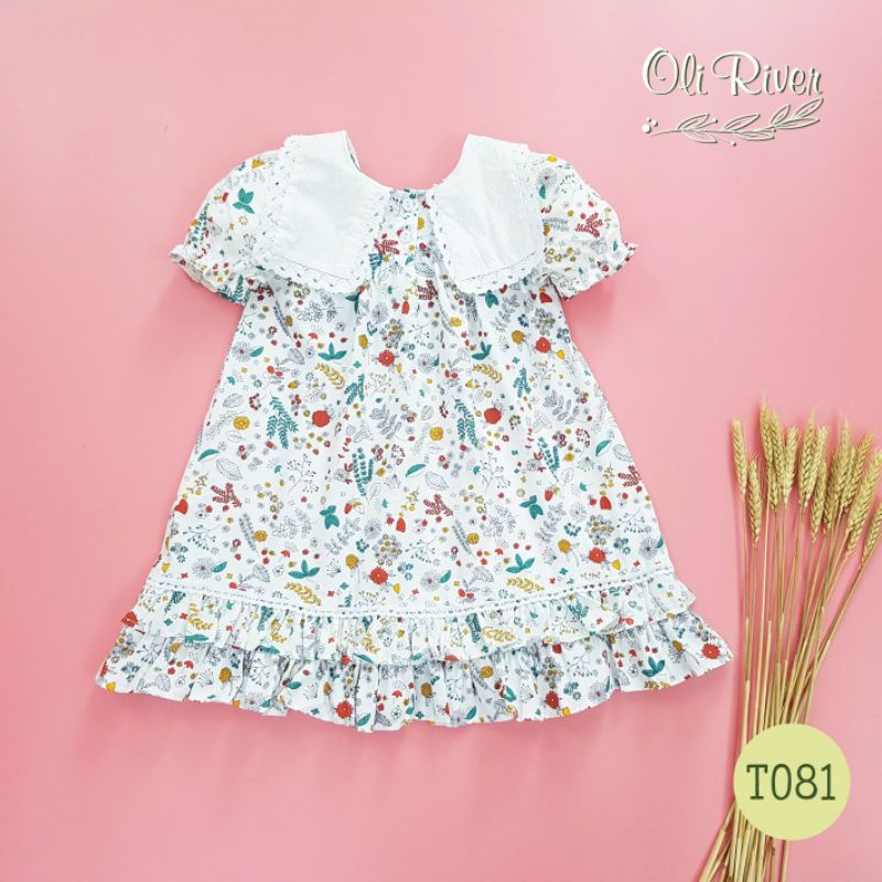 Đầm tiểu thư vải hoa nhí phối cổ ren trắng bé 8-26kg
