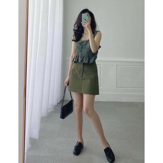 Bộ Chân Váy Áo Croptop Xanh Hoa Nhí , Set Áo 2 Dây Kèm Chân Váy Chữ A B027