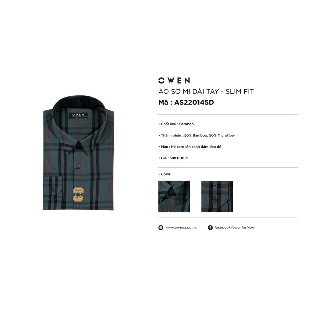 Áo Sơ Mi Nam Dài Tay OWEN AS220145D Somi Công Sở Vải Sợi Tre Cao Cấp Màu Caro Lớn Xanh Đen Đỏ Dáng Suông Tà Lượn Có Túi
