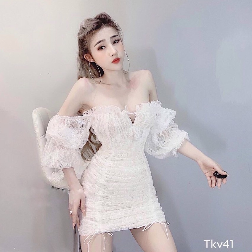 Váy đầm nữ dự tiệc chất ren nhúm eo tay phồng Amee | BigBuy360 - bigbuy360.vn