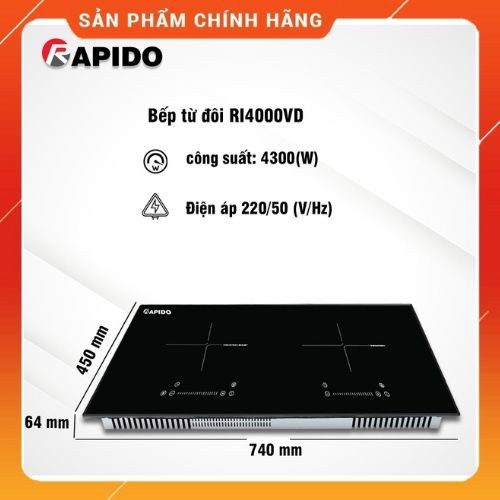 Bếp từ đôi RI4000VD / RI4000VS Rapido, 2 vùng bếp nấu công suất 2000W, Chính hãng