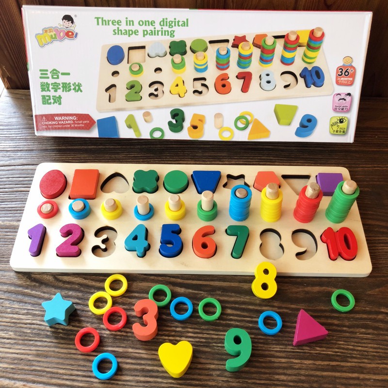 Bảng Gỗ Giáo Cụ Montessori  Ghép Chữ Số Và Hình Học Kèm Vòng Màu Sắc