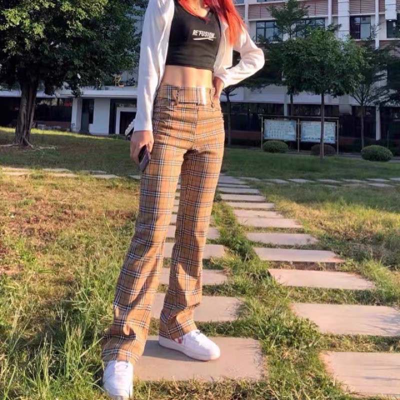 Quần dài kẻ bbr lưng cao ống suông