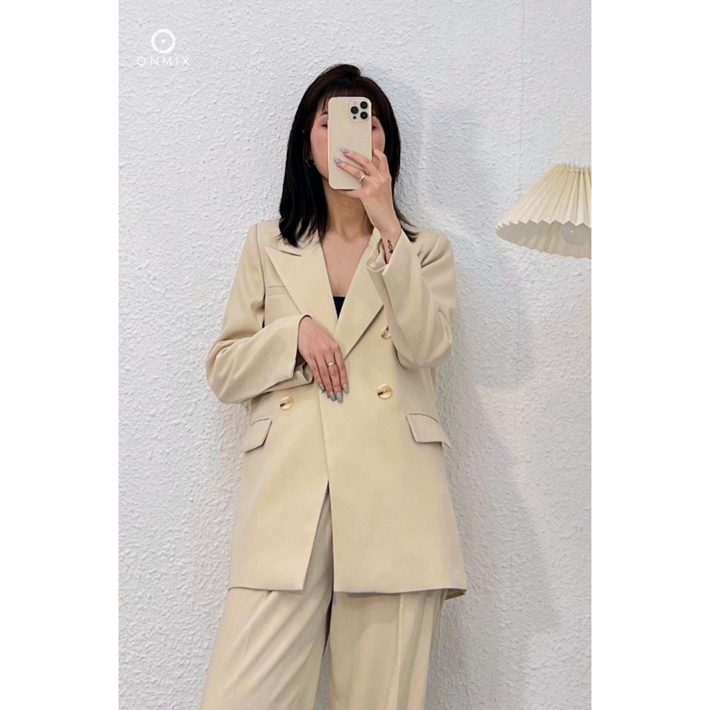 set Suit: áo Blazer tay dài + Gile basic + Quần tây ống suông nữ ONMIX, màu Beige, vải Tuytsi Hàn cao cấp | BigBuy360 - bigbuy360.vn